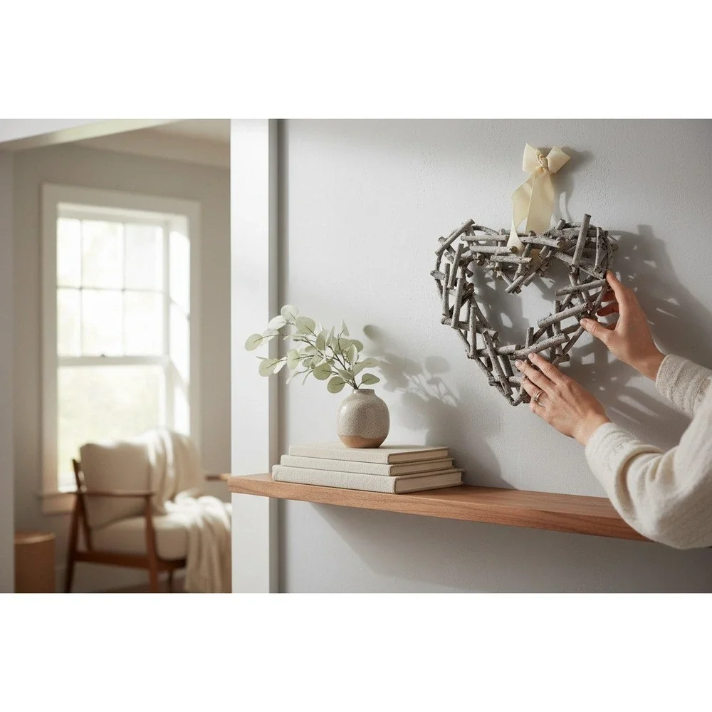 Heart Twig Wreath Home Decor OS Grey NWOT Rustic Glitter Accent